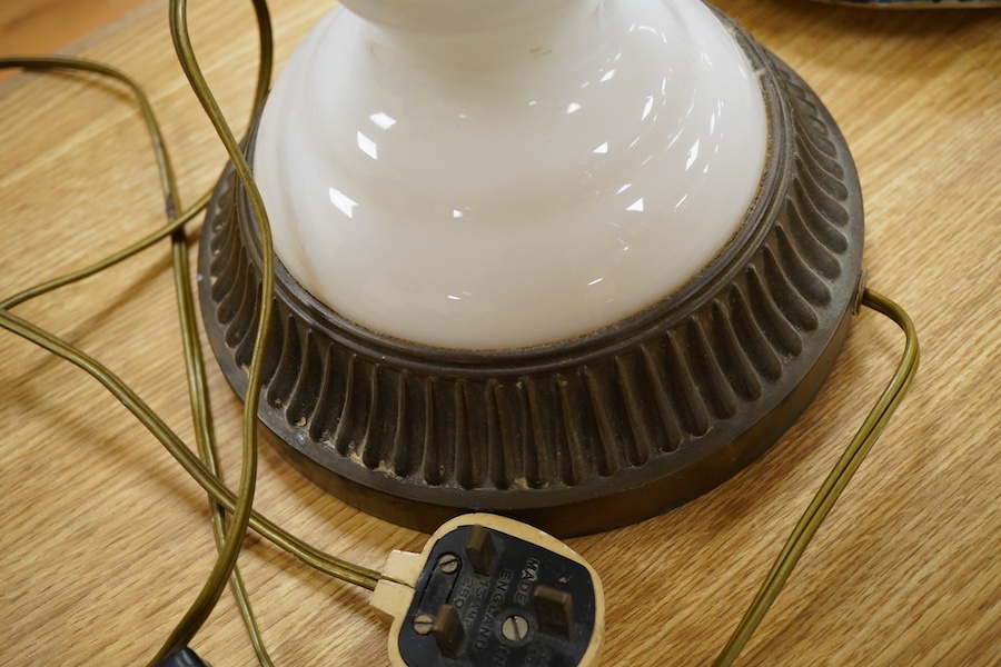 An Etruscan style opaque glass lamp and shade, 75cm high